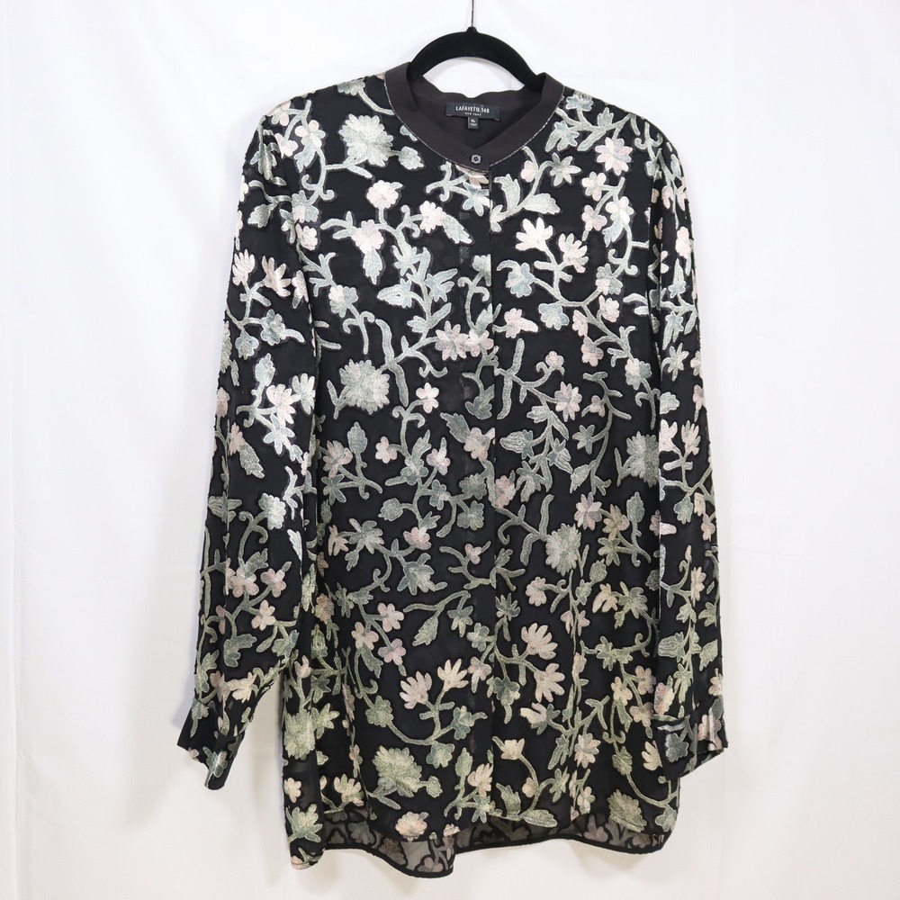 Lafayette 148 Floral Blouse XL Black Womens Whimsigoth Sheer Top